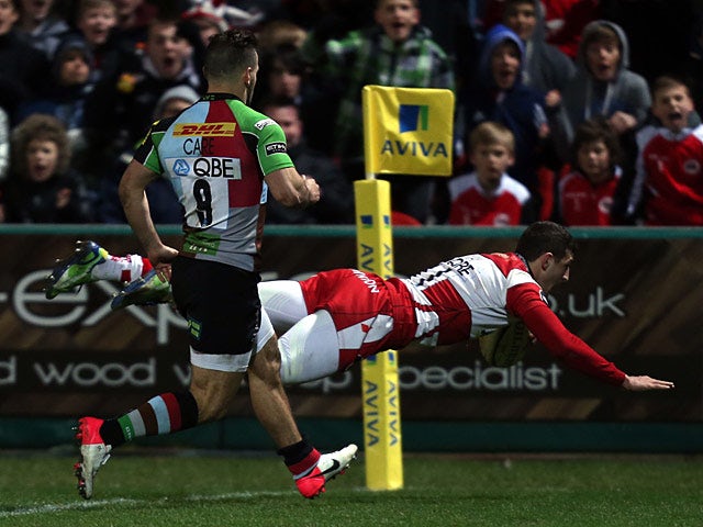 Gloucester's Jonny May scores his team's first try against Harlequins on March 29, 2013