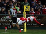 Gloucester's Jonny May scores his team's first try against Harlequins on March 29, 2013
