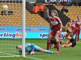 Wolves' Kevin Doyle scores the winning goal against Middlesbrough on March 30, 2013