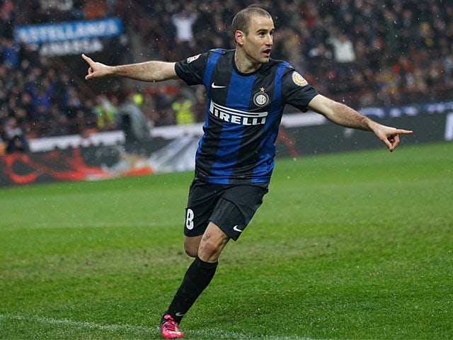 Inter's Rodrigo Palacio celebrates after scoring the equaliser against Juventus on March 30, 2013