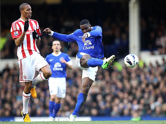 Victor Anichebe has a shot on goal against Stoke on March 30, 2013