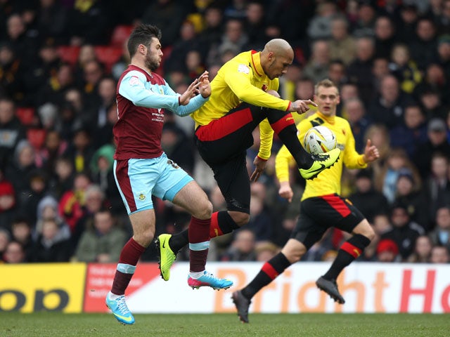 Watford's Fitz Hall wins the ball during the Championship match against Burnley on March 29, 2013