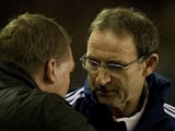 Ex-Sunderland boss Martin O'Neill shakes the hand of Liverpool manager Brendan Rodgers on January 2, 2013