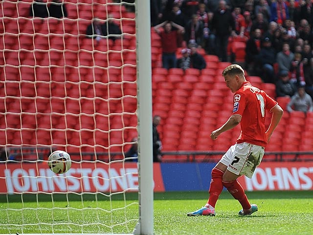 Crewe's Max Clayton scores his team's second in the Johnstone's Paint Trophy final against Southend on April 7, 2013