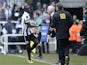 Papiss Cisse celebrates with manager Alan Pardew after grabbing the winner against Fulham on April 7, 2013