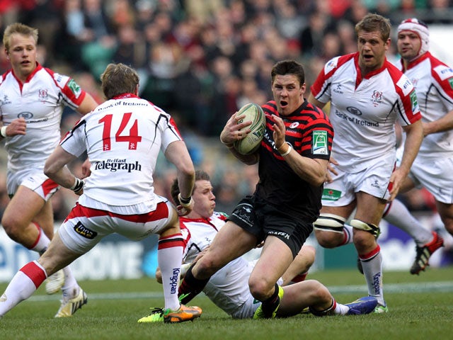 Saracens Joel Tomkins evades a tackle during the Heineken Cup match with Ulster on April 6, 2013