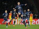 Paris Saint-Germain's Zlatan Ibrahimovic celebrates after scoring the equaliser against Barcelona on April 2, 2013