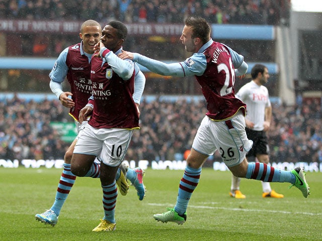 Aston Villa's Charles N'Zogbia celebrates after scoring the first goal in the Premier League match with Fulham on April 13, 2013