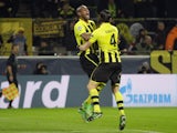 Dortmund's Felipe Santana celebrates scoring the winning goal in his side's match against Malaga on April 9, 2013