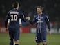 David Beckham and Zlatan Ibrahimovic shake hands after a goal against Montpellier on March 29, 2013 