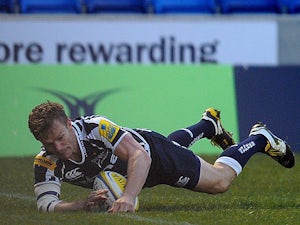 Sale Sharks' Dwayne Peel goes over for a try against Gloucester on March 12, 2013