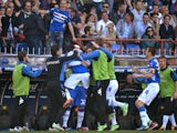 Sampdoria players celebrate a goal by Eder against Genoa on April 14, 2013