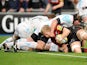 Saracens' Jackson Wray dives to score a try against Worcester Warriors on April 14, 2013