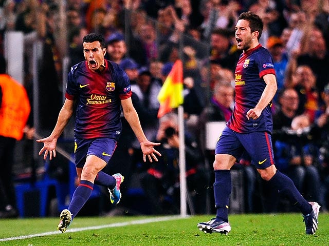 Barcelona's Pedro celebrates after scoring the equaliser against Paris Saint-Germain on April 10, 2013