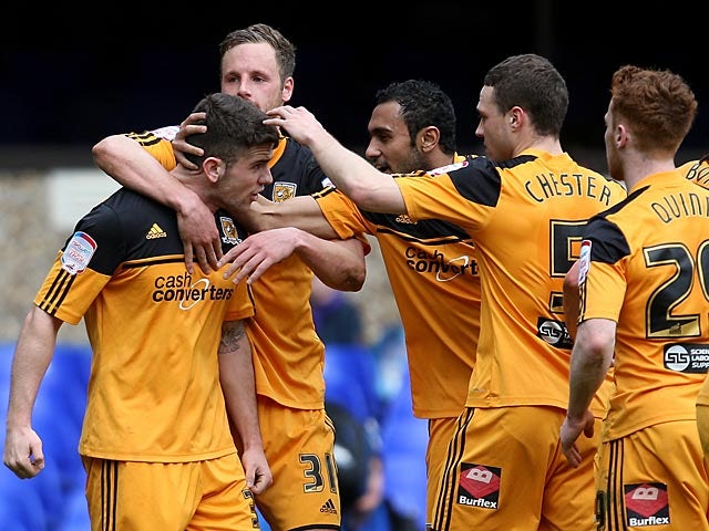 Hull's Robbie Brady is congratulated by teammates after scoring the opener against Ipswich on April 13, 2013