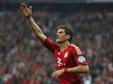 Bayern's Mario Gomez celebrates after scoring during the German Cup semi final against Wolfsburg on April 16, 2013