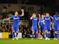 David Luiz celebrates with teammates after scoring the opening goal against Fulham on April 17, 2013