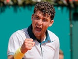 Grigor Dimitrov celebrates after defeating Janko Tipsrevic in the Monte Carlo Masters on April 16, 2013