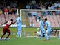 Cagliari forward Victor Ibarbo scores against Napoli during the Serie A match on April 21, 2013