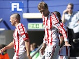 Stoke forward Peter Crouch celebrates a goal against QPR on April 20, 2013