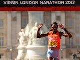 Kenya's Priscah Jeptoo crosses the finish line as she wins the Women's Elite race during the Virgin London Marathon on April 21, 2013
