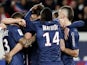 Paris Saint Germain's Zlatan Ibrahimovic is congratulated by teammate's after scoring against OGC Nice on April 21, 2013