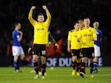 Watford players celebrate after winning their match with Leicester on April 26, 2013