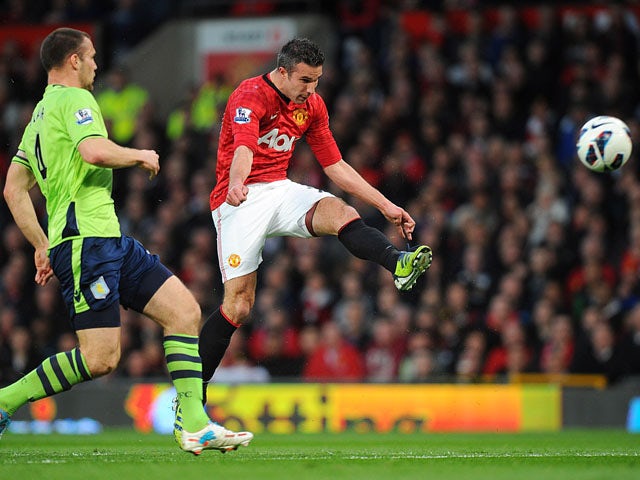 Manchester United's Robin van Persie scores his second goal against Aston Villa on April 22, 2013