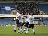 Blackburn Rovers' David Jones celebrates with teammates after scoring against Millwall on April 23, 2013