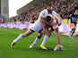 Wigan's Anthony Gelling touches down a try during the game with Salford City Reds on May 3, 2013