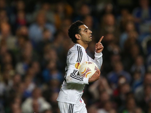 Basel's Mohamed Salah celebrates scoring their first goal of the game against Chelsea on May 2, 2013