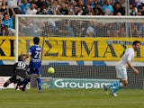 Marseille's French forward Andre-Pierre Gignac scores against Bastia in the Ligue 1 clash on May 4, 2013