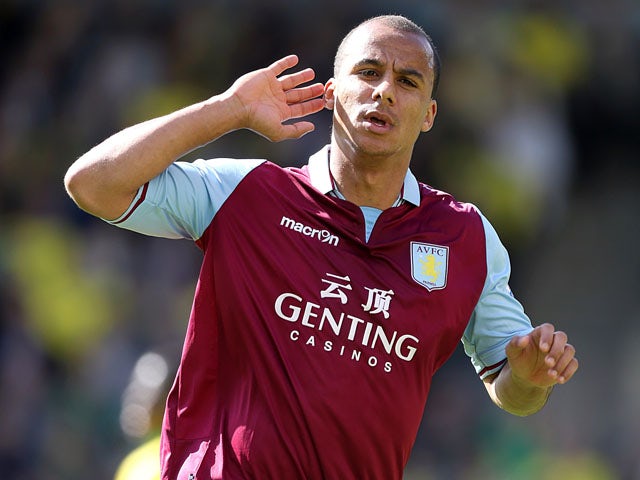 Aston Villa's Gabriel Agbonlahor celebrates after scoring against Norwich on May 4, 2013