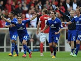 Leicester City players celebrate at the end of their match with Nottingham Forest on May 4, 2013 