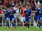 Leicester City players celebrate at the end of their match with Nottingham Forest on May 4, 2013 