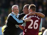 Villa manager Paul Lambert celebrates at the final whistle with Andreas Weimann and Gabby Agbonlahor after beating Norwich on May 4, 2013