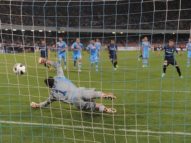 Inter's Ricardo Alvarez scores a penalty against Napoli on May 5, 2013