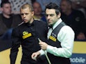 Ronnie O'Sullivan and Barry Hawkins during the final of the World Snooker Championships on May 5, 2013