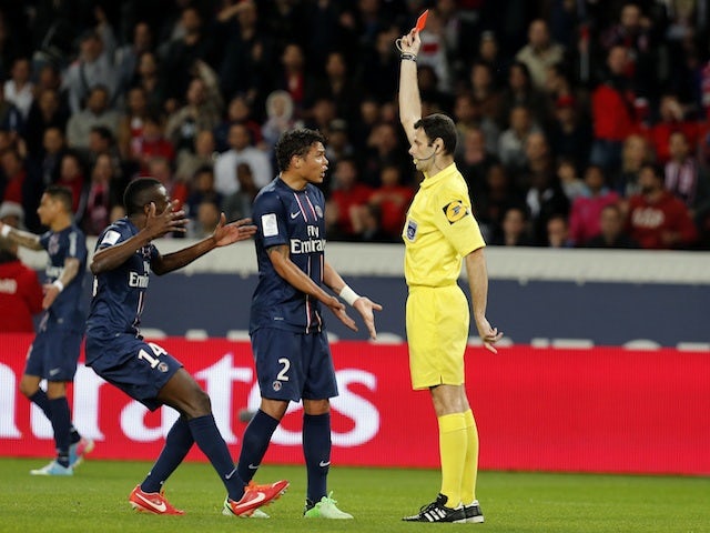PSG defender Thiago Silva is sent off against Valenciennes on May 5, 2013