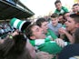 Tie winning goalscorer for Yeovil Town Ed Upson is mobbed by fans after the final whistle on May 6, 2013