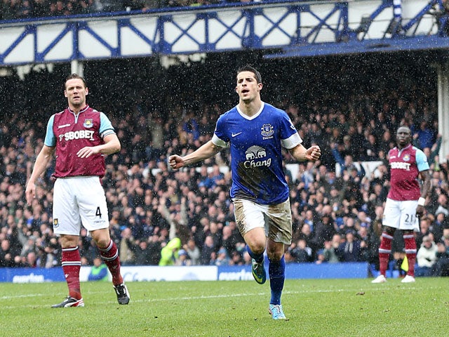 Everton's Kevin Mirallas celebrates scoring against West Ham United on May 12, 2013