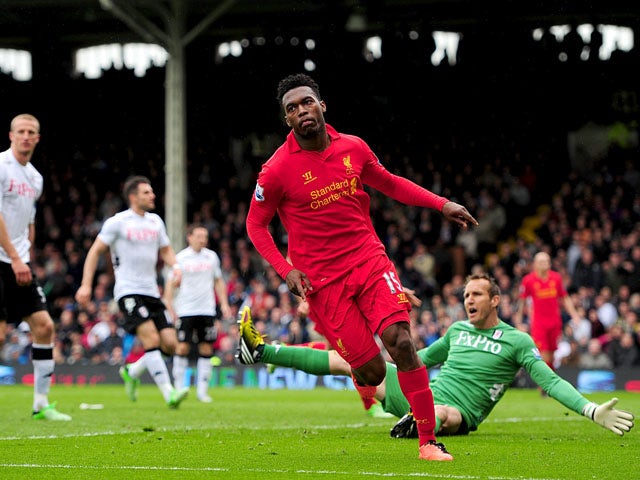Liverpool's Daniel Sturridge reacts as he scores his second goal in the match against Fulham on May 12, 2013