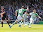 Yeovil's Kevin Dawson celebrates with team mates after scoring the opening goal against Sheffield United on May 6, 2013