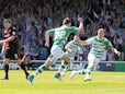 Yeovil's Kevin Dawson celebrates with team mates after scoring the opening goal against Sheffield United on May 6, 2013