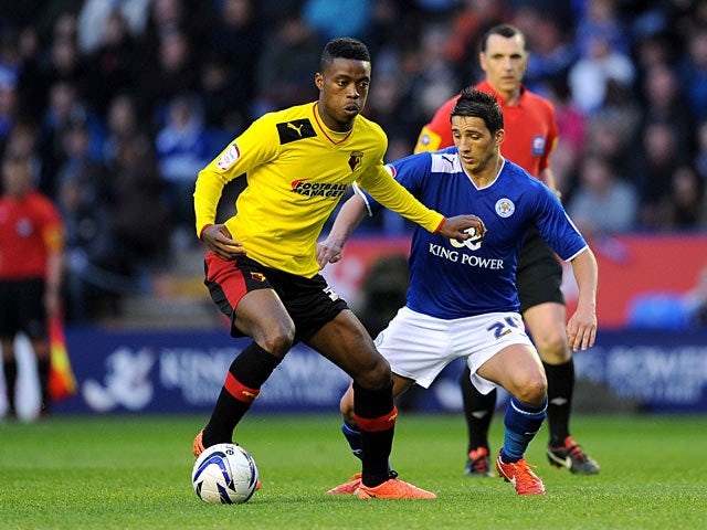 Watford's Nathaniel Chalobah and Leicester City's Anthony Knockaert battle for the ball on May 9, 2013