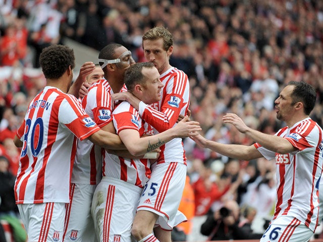 Stoke City's Steven Nzonzi is congratulated after scoring against Tottenham on May 12, 2013