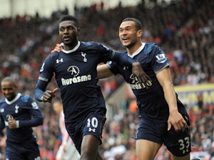 Tottenham Hotspur's Emmanuel Adebayor celebrates scoring against Stoke on May 12, 2013