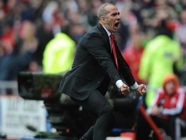 Sunderland manager Paulo Di Canio celebrates after his side's goal against Southampton on May 12, 2013