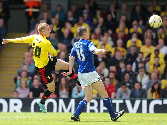 Watford's Matej Vydra scores against Leicester City during the Championship Play Off match on May 12, 2013