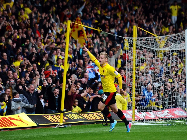 Watford's Matej Vydra celebrates scoring his second goal against Leicester City during the Championship Play Off match on May 12, 2013
